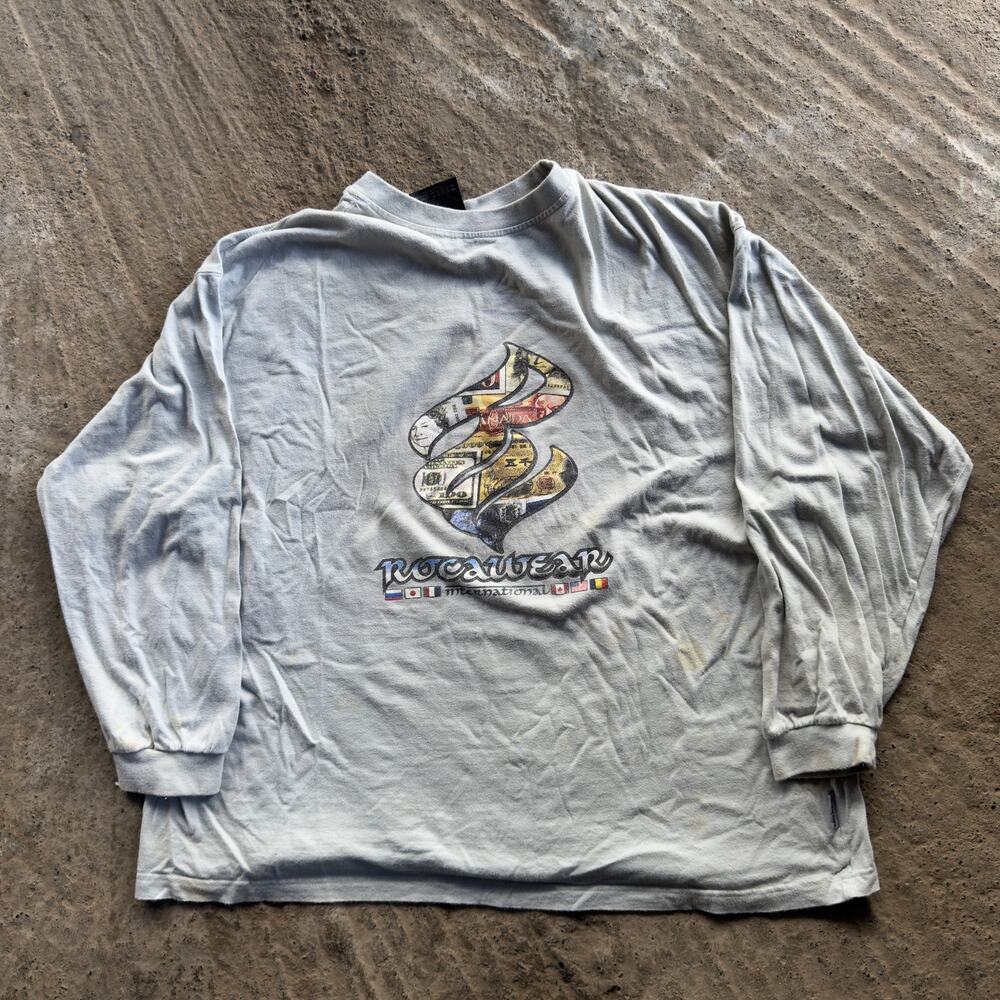 VINTAGE 90S ROCAWEAR LONG SLEEVE SHIRT GRAPHIC TEE Y2K 00S SKATE SURF GRUNGE XL